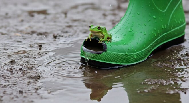 Tiny Green Frog Perched on a Wet Rubber Boot Beside a Muddy Puddle After Spring Rain