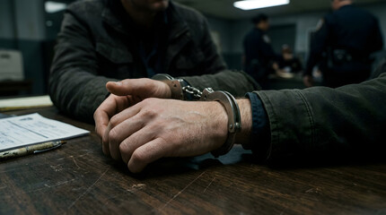 Fototapeta premium A cinematic close-up of a handcuffed man sitting indoors, showing a detained suspect in custody.