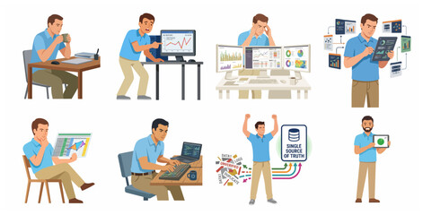Professional Man Analyzing Data Reports and Managing Information Systems Vector Illustration Set © Titaa