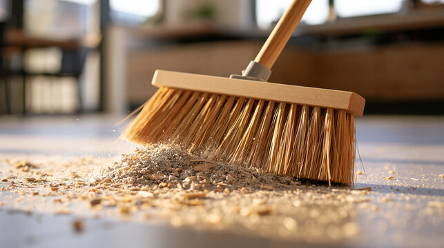 Household Cleaning Scene with Bristles Pushing a Small Dirt Pile