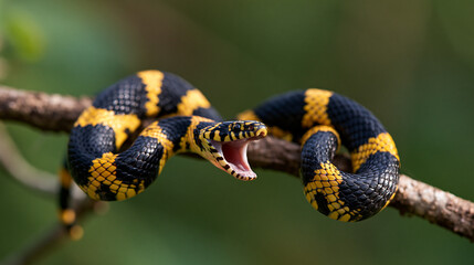 Obraz premium Black and Yellow Banded Snake Coiled on a Tree Branch