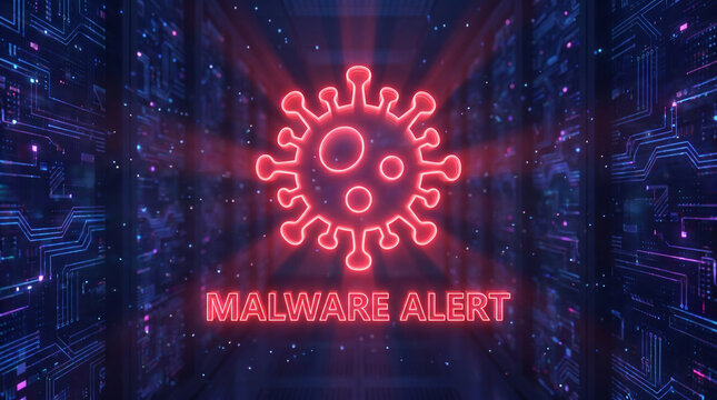 Digital representation of a malware alert with a stylized virus icon and glowing neon effects in a futuristic setting.
