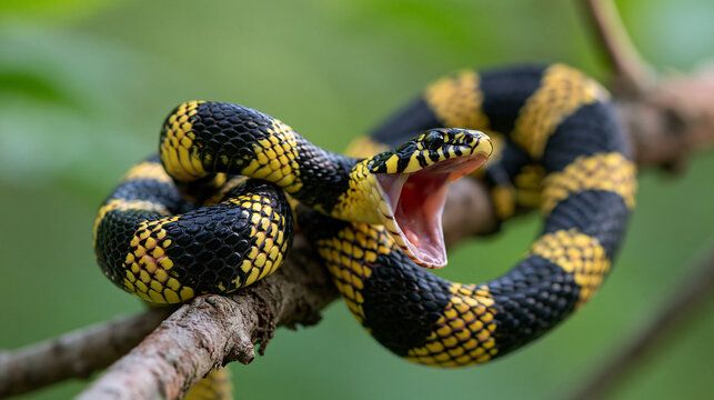 Close Wildlife Portrait of a Striped Snake with Open Mouth
