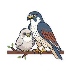 Fototapeta premium Cute cartoon peregrine falcon parent and baby chick sitting together on a tree branch
