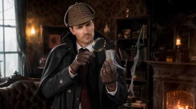Detective Examining Clues with Magnifying Glass in Old Study