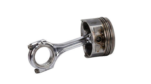 Single metal engine piston with connecting rod isolated on white background 1.