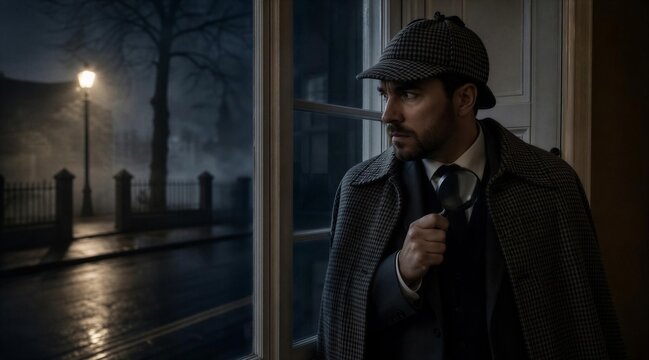 Detective Observing Foggy City Street at Night
