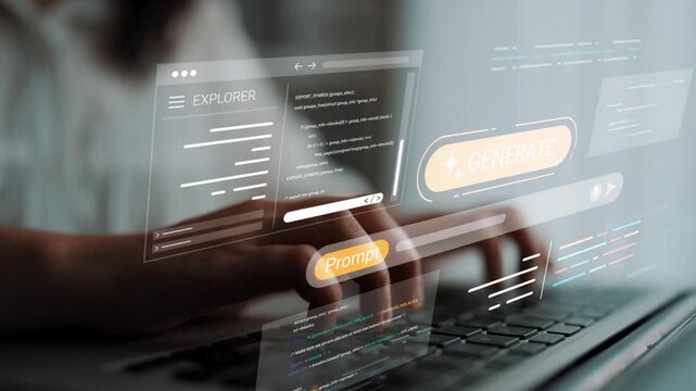 Futuristic interface with hands typing on a keyboard, showcasing digital elements and creative tools for generating innovative ideas and designs Gluon.