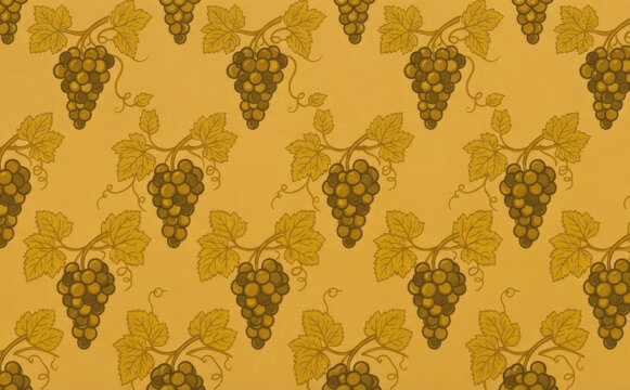Vintage grape vine pattern wallpaper background with golden yellow motifs for retro interior design and packaging
