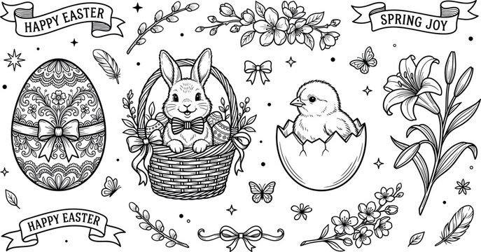 Happy Easter spring vector element collection with cute bunny basket decorated egg chick hatching lily line art illustration