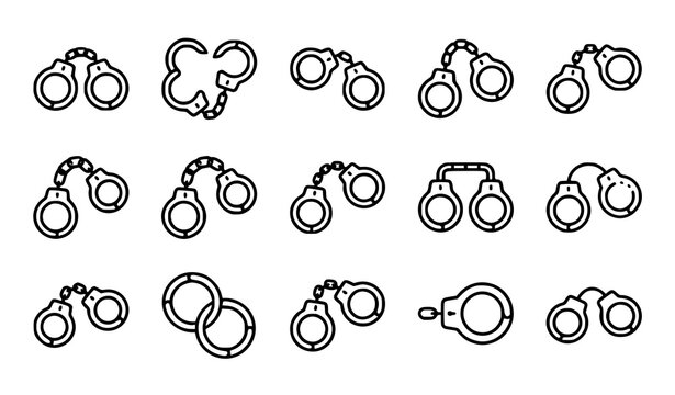 Handcuff outline icons collection with open closed chained and police restraint line art designs