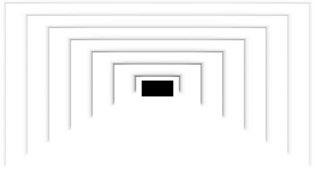 A series of nested white squares receding into the distance with a small black rectangle at the vanishing point creating a tunnel effect on a white background
