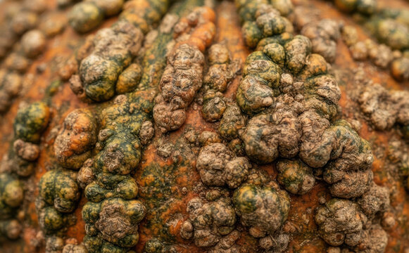 Close up shot of a heavily warty and bumpy heirloom pumpkin surface, displaying unique textures for autumn seasonal background and fall design concepts