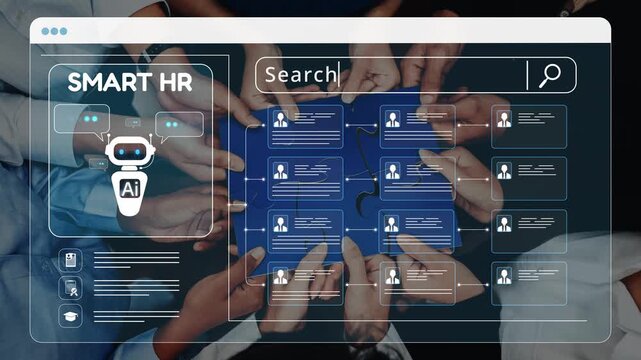 Innovative Smart HR Technology with AI Interface Allowing Recruitment Searches with Multiple Hands Engaging and Interacting with Job Candidate Profiles. Raster.