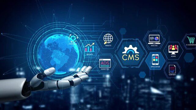 Futuristic Robot Hand Holding Globe with Digital Icons Representing Marketing, Analytics, Application, and Content Management Systems in Dark Background. Entropy.