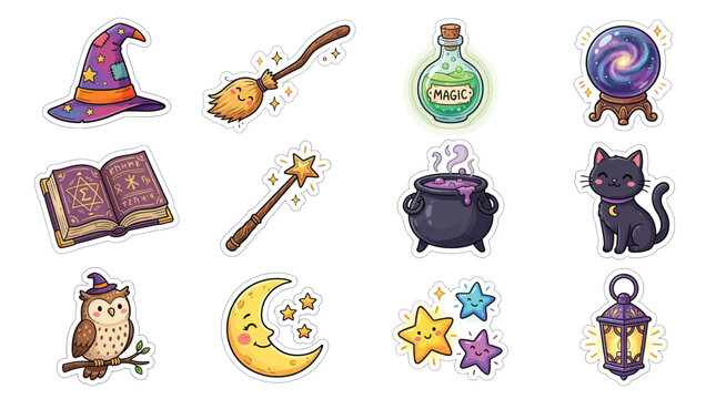 Collection of cute cartoon witchcraft and magic elements for Halloween.