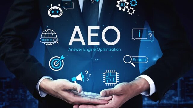 Professional hands holding symbols of digital marketing concepts with emphasis on Answer Engine Optimization in a futuristic business setting. Entropy.
