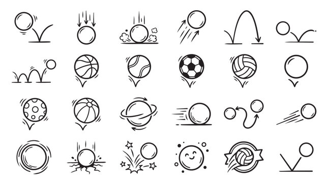 Bouncing and rolling balls motion physics sport sketch icon set with bouncing ball movement trajectory