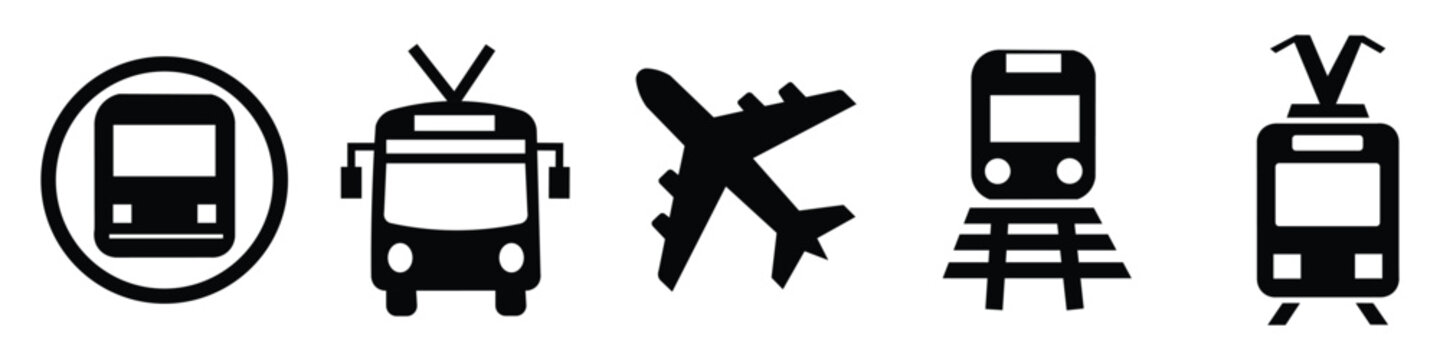 Public transport icon set in solid black style bus tram plane train isolated on transparent background urban transportation system vector graphic for navigation.
