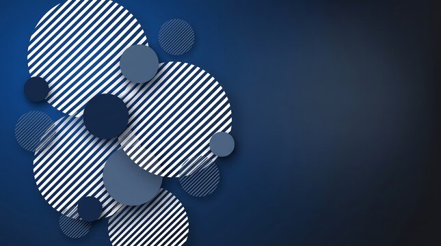 Abstract background with overlapping blue and white striped circles and solid dark shapes for modern design