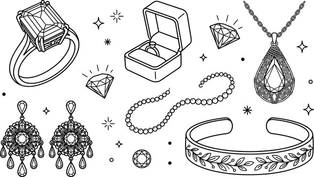 Luxury jewelry collection with diamond ring necklace earrings bracelet and gift box line art vector illustration icon set
