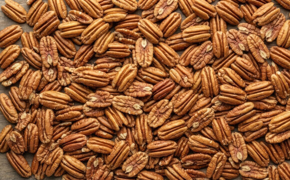 Fresh raw shelled pecan nuts scattered on a wooden table, top view. Healthy organic snack and vegan superfood ingredient for baking and cooking concepts.