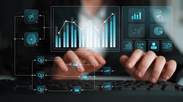 Data flow from database and cloud to processing and analytics dashboards, representing data analysis, automation, insight generation, and digital intelligence Marrow