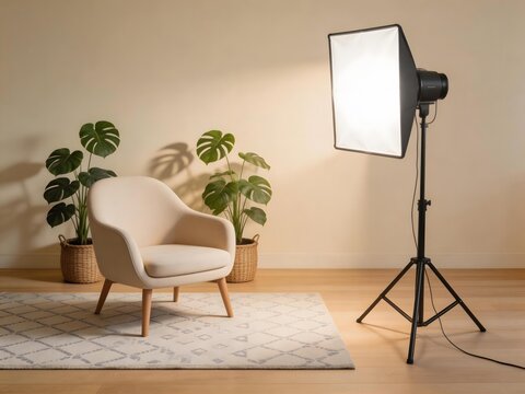 Studio setup with beige armchair potted monstera plants and large softbox light on tripod against neutral wall