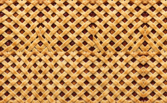 Seamless lattice pie crust background texture with cherry fruit filling closeup for Thanksgiving holiday baking and dessert menu design concepts