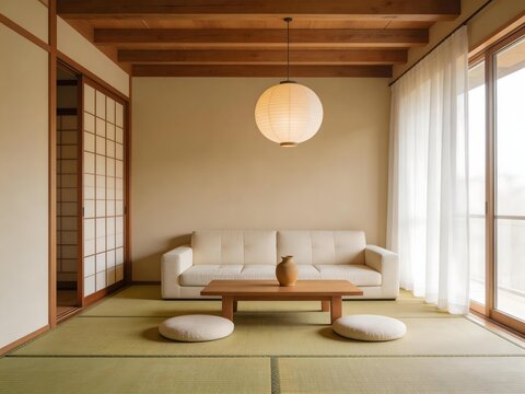 Minimalist Japanese-style living room with tatami mats shoji screen doors wooden ceiling beams white sofa and paper pendant light