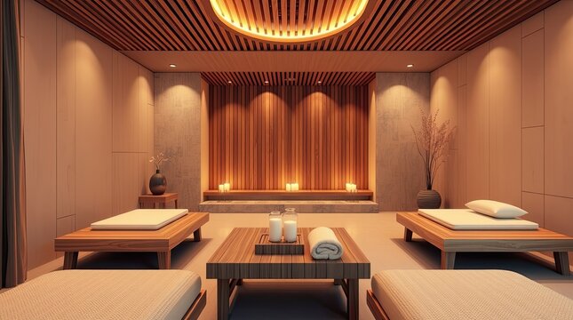 Luxurious relaxation area features wooden decor soft lighting and comfortable seating with candles creating a serene environment for unwinding and rejuvenating