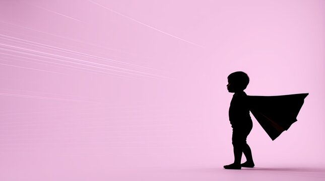 A young child wearing a black superhero cape stands silhouetted against a soft pink background expressing a sense of bravery and adventurous spirit