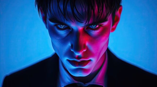 Young man looks directly at the viewer with an intense expression illuminated by vibrant blue and pink lights creating a captivating atmosphere