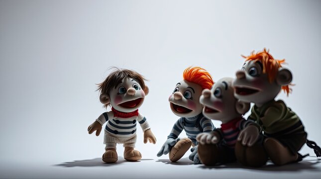 Adventurous puppets engage in lively conversation showcasing diverse hairstyles and costumes set in a bright space filled with playful energy