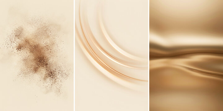 Set of three vertical backgrounds with beige sand particles, golden circular ripples and silk waves