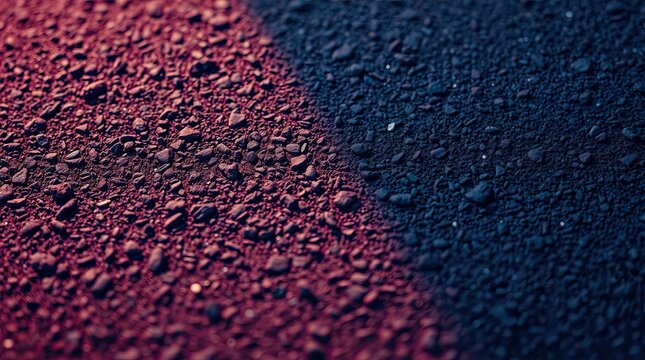 A textured surface shows a gradual transition from red gravel to black gravel illuminated by evening light highlighting the natural materials and colors