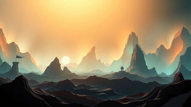 Surreal landscape showcases dramatic mountains and valleys illuminated by a warm sunrise with a solitary figure silhouetted against the horizon