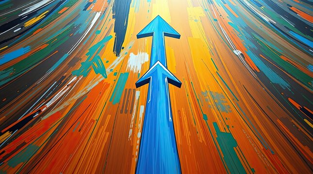 Two bold blue arrows direct upward through a swirl of vibrant colors representing movement and energy in an abstract design on a textured surface
