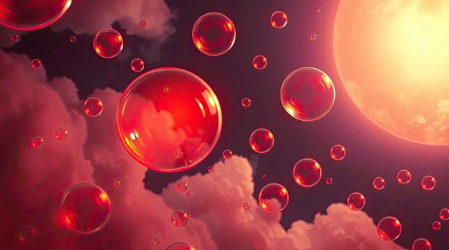Red bubbles drift through a vivid sky filled with soft clouds as the sun sets creating a dreamy and surreal ambiance perfect for imaginative exploration