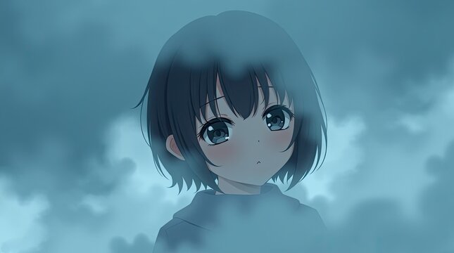A young girl with dark hair looks pensively through a mystical fog surrounded by gentle blue hues that create an atmospheric backdrop
