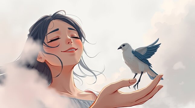 A woman joyfully gazes at a small blue bird perched on her outstretched hand surrounded by fluffy clouds during a serene moment