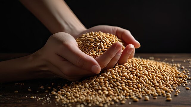 Two hands delicately hold a handful of golden flaxseeds above a larger spread of seeds resting on a rustic wooden surface in a dimly lit environment