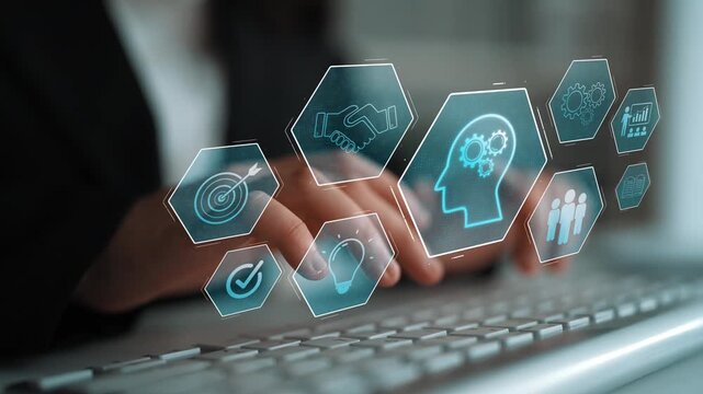 Head with gear and icons representing learning, digital training, and development process, showing skill growth for human or AI systems through knowledge or task optimization Marrow