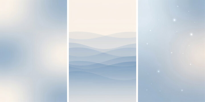 Set of three vertical backgrounds with soft blue gradient waves and subtle glowing starry particles