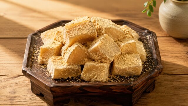 Injeolmi tradicional coreano, pasteles de arroz con polvo de soja en ambiente r&uacute;stico elegante