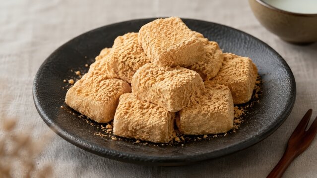 Injeolmi tradicional coreano, pasteles de arroz con polvo de soja en ambiente r&uacute;stico elegante