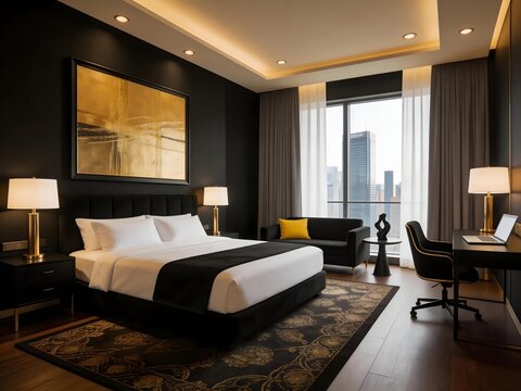 Modern luxury hotel room with black and gold decor city view through large window bed desk and abstract artwork