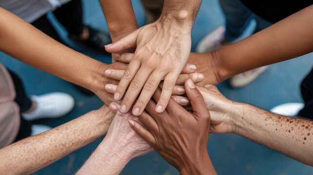 Diverse group of people placing hands together in a circle as a symbol of unity with tones stacked together down view hands many people top with trust