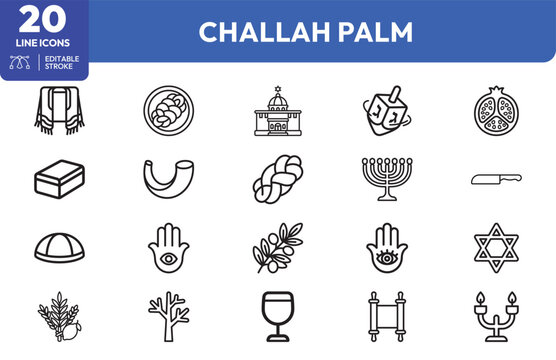 Jewish Ritual bread, menorah, prayer shawl, dreidel, Torah, Star David, ritual knife. Editable stroke. Vector illustration.