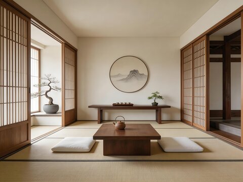 Traditional Japanese tatami room with shoji screens low wooden table zabuton cushions bonsai and circular mountain painting on wall